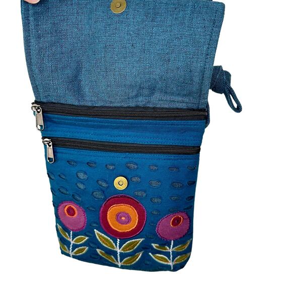 Rising Tide Blue Art to Wear Embroidered Floral Cotton Boho Crossbody Bag - Picture 3 of 8